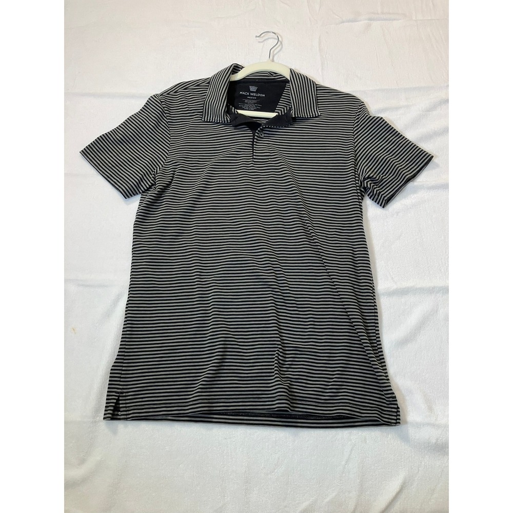 Mack Weldon Vesper Polo Mens Medium Grey Black Striped Pima Cotton Stretch Shirt